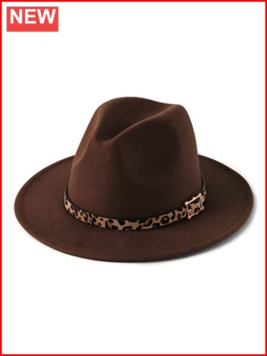 Women\'s Wide Brim Felt Fedora Panama Hat with Leopard Belt, Adjustable Cotton main image 5